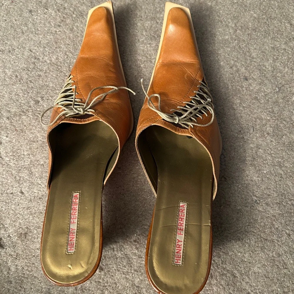 Henry Ferrera Tan Leather Slip-On Lace-Up Mules - Picture 4 of 6